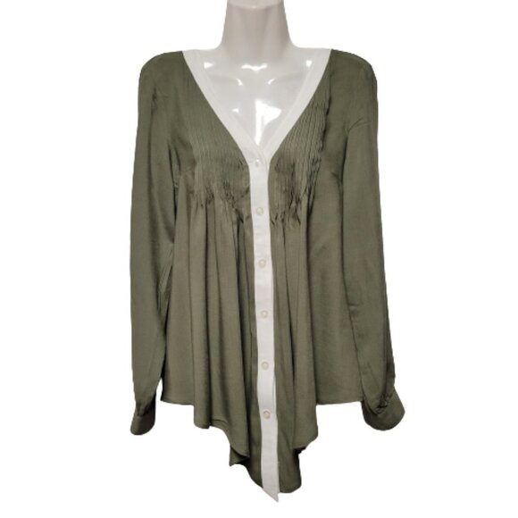 Sage Green Long Sleeve Cotton Blouse Top with White Trim  Size XS  S   M - Picture 2 of 6